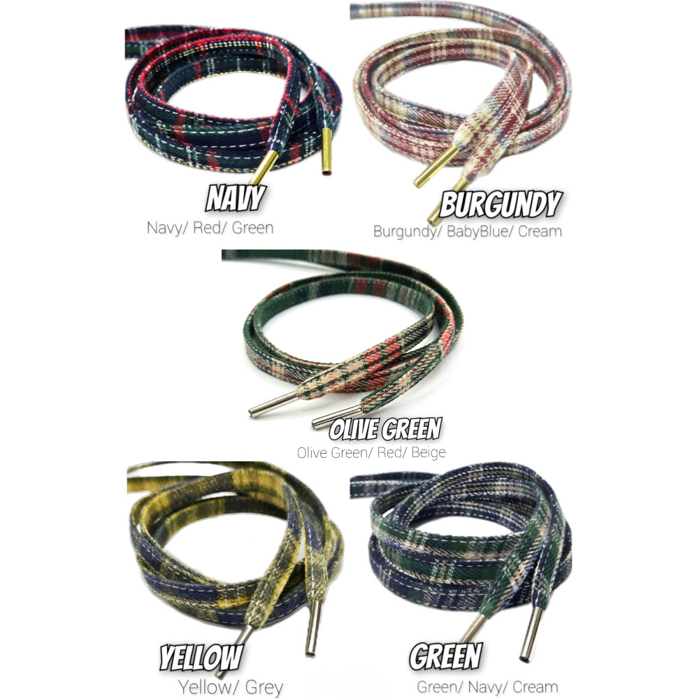 Tartan Pattern Fabric Flat Shoelaces - Navy - Yellow - Burgundy - Green - Olive Green -